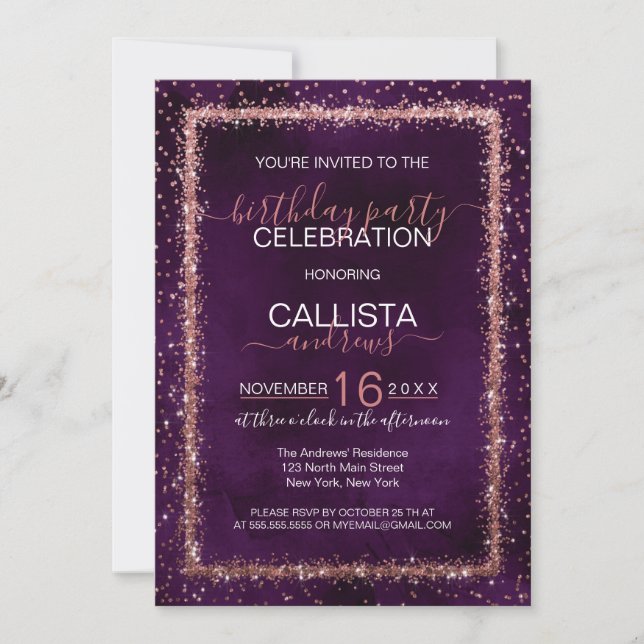 Violet Rose Gold Sprinkled Confetti Birthday Invitation (Front)