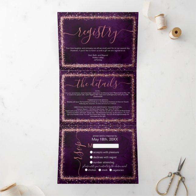 Violet Rose Gold Sprinkled Confetti Detail RSVP Tri-Fold Invitation (Inside)