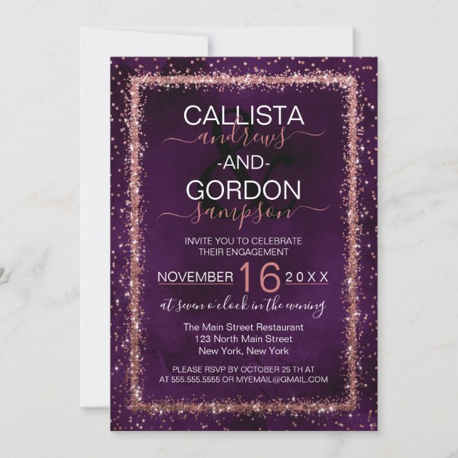 Violet Rose Gold Sprinkled Confetti Engagement Invitation (Front)