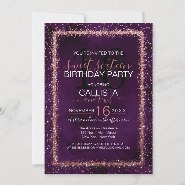 Violet Rose Gold Sprinkled Confetti Sweet 16 Invitation (Front)