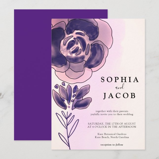 Violet Rose Gold Watercolor Floral Wedding Invitation (Front/Back)