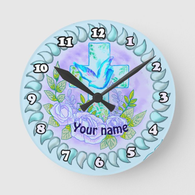 Violet Roses Christian cross    Round Clock (Front)