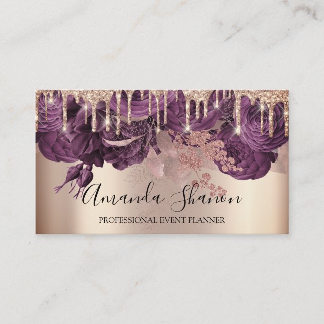 Violet Roses Glitter Drips Logo Event Planner  Business Card (Front)