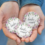 Violet & Sage Bridesmaid 2 Inch Round Button<br><div class="desc">Identify the key players at your bridal shower with our elegant,  sweetly chic floral buttons. Button features pink and violet purple watercolor flowers and green leaves,   with "bridesmaid" inscribed inside in calligraphy script.</div>