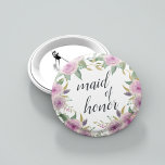 Violet & Sage Maid of Honour 2 Inch Round Button<br><div class="desc">Identify the key players at your bridal shower with our elegant,  sweetly chic floral buttons. Button features pink and violet purple watercolor flowers and green leaves,   with "maid of honour" inscribed inside in calligraphy script.</div>