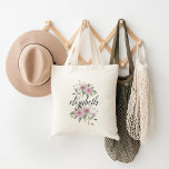 Violet & Sage Personalized Tote Bag<br><div class="desc">Chic personalized floral tote features your name in elegant calligraphy script adorned with watercolor flowers and greenery in shades of lilac,  lavender and violet purple.</div>