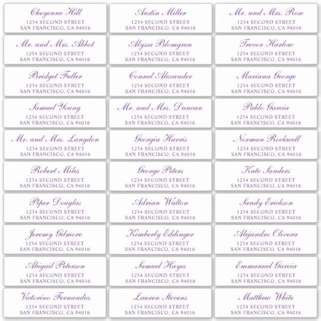 Violet Script Élégant Mariage Étiquettes de adress (Devant)