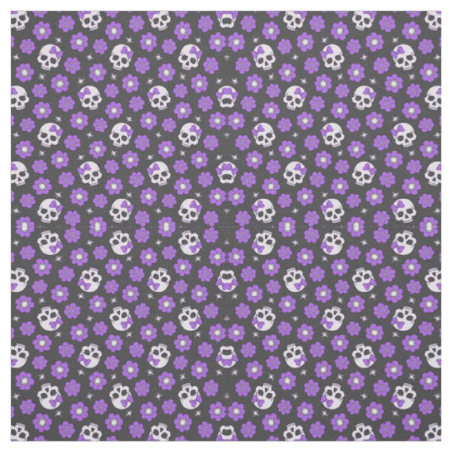 Violet Skulls and Flowers Fabric (Swatch)
