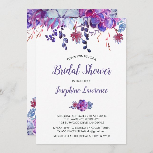 Violet Succulent Foliage Bridal Shower Invitation (Devant / Derrière)