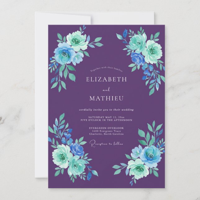 Violet Teal Foliage Eucalyptus Wedding Invitation (Front)