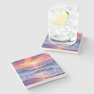 Violet Tide Purple Sunset Ocean Waves Painted Stone Coaster