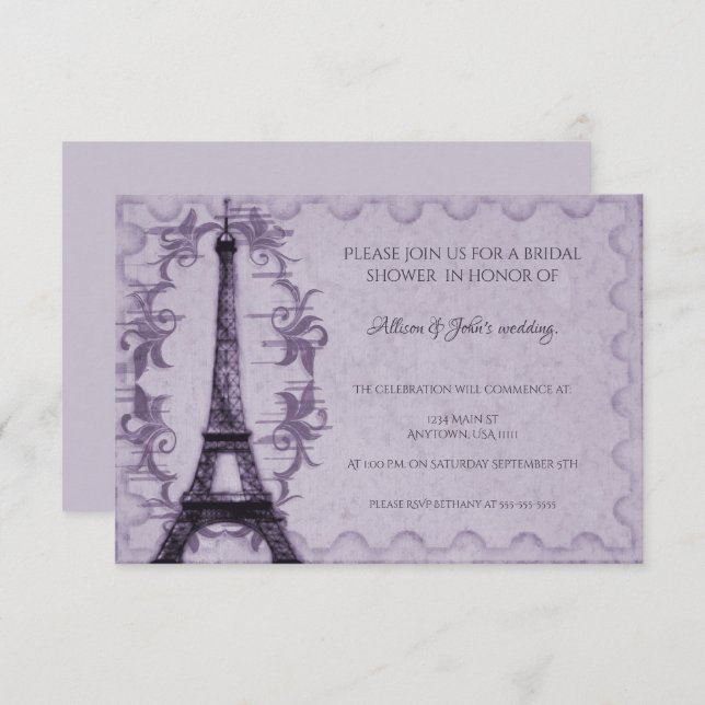 Violet Tour Eiffel Invitation de douche nuptiale (Devant / Derrière)
