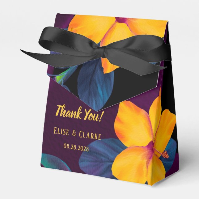Violet Tropical Yellow Hibiscus Wedding Thank You  Favor Box (Front Side)