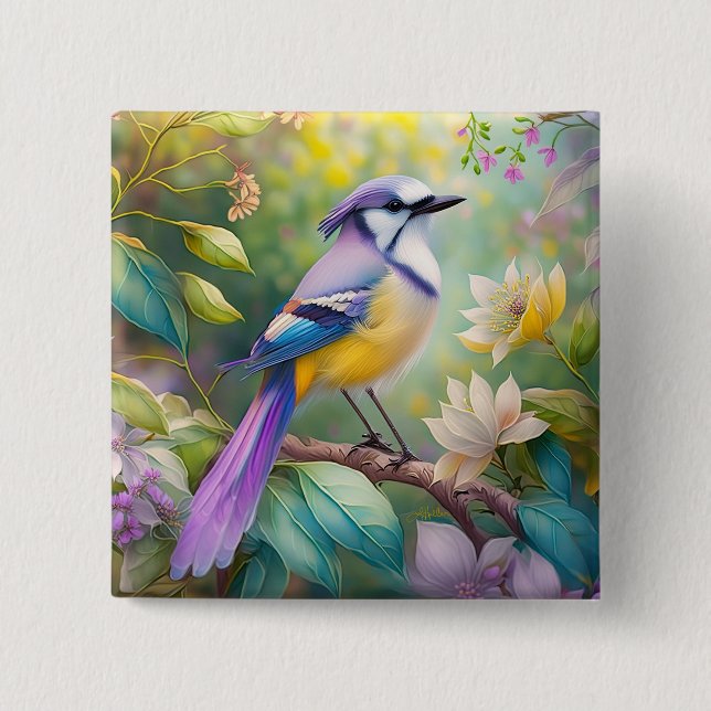 Violet Tufted Jay Fantasy Bird 2 Inch Square Button (Front)