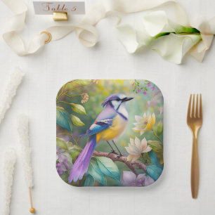 Violet Tufted Jay Fantasy Bird Paper Plate