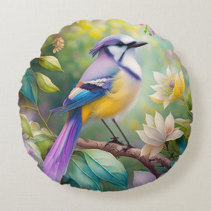 Violet Tufted Jay Fantasy Bird Round Pillow