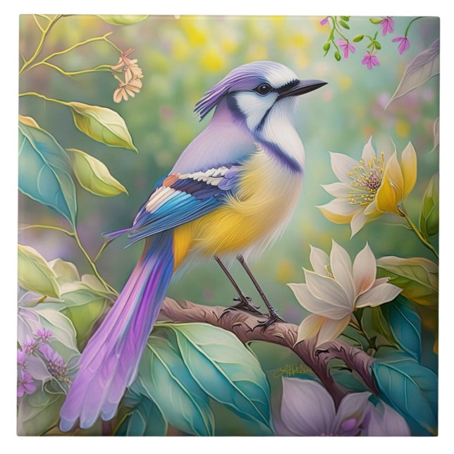 Violet Tufted Jay Fantasy Bird Tile (Front)