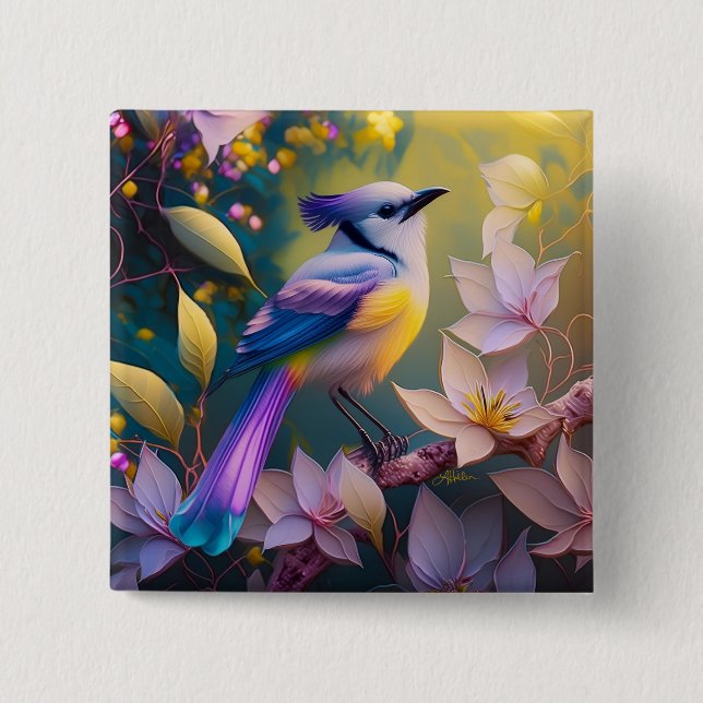 Violet Tufted Yellow Breasted Fantasy Bird 2 Inch Square Button (Front)