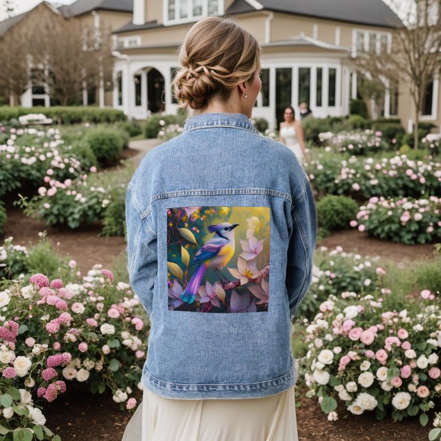 Violet Tufted Yellow Breasted Fantasy Bird Denim Jacket (Wedding Back)
