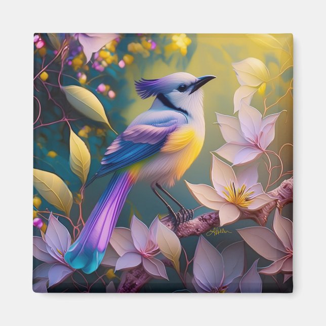 Violet Tufted Yellow Breasted Fantasy Bird Magnet (Front)