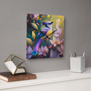 Violet Tufted Yellow Breasted Fantasy Bird Square Wall Clock