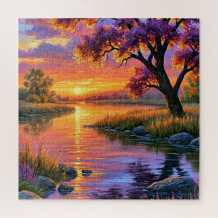 Violet Twilight Lake Reflections Moody Evening Sce Jigsaw Puzzle