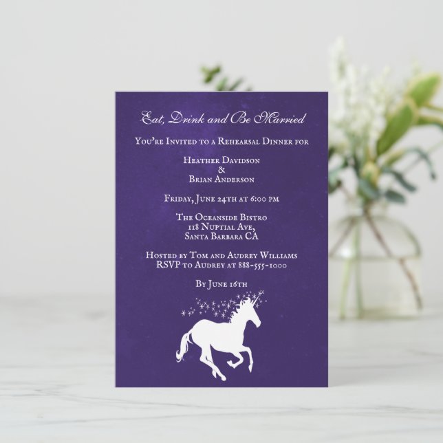 Violet Unicorn Wedding Rehearsal Dinner Invite (Standing Front)