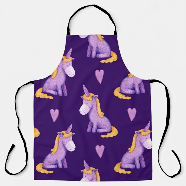 Violet Unicorns Hearts Watercolor Pattern. Apron (Front)