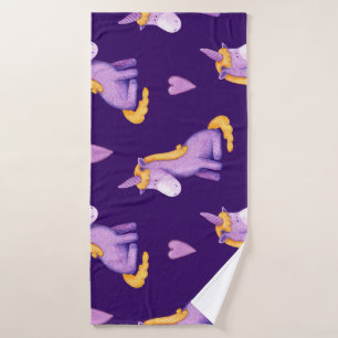 Violet Unicorns Hearts Watercolor Pattern. Bath Towel