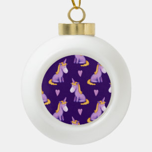 Violet Unicorns Hearts Watercolor Pattern. Ceramic Ball Christmas Ornament