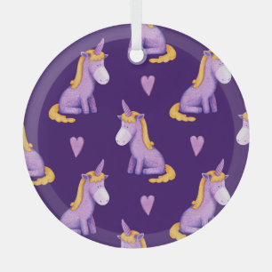 Violet Unicorns Hearts Watercolor Pattern. Glass Ornament
