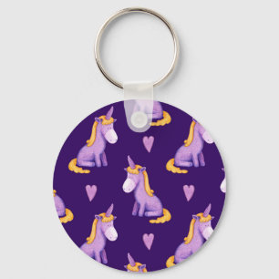 Violet Unicorns Hearts Watercolor Pattern. Keychain