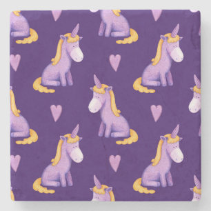 Violet Unicorns Hearts Watercolor Pattern. Stone Coaster