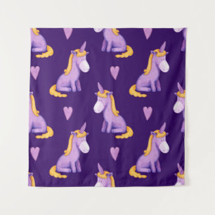 Violet Unicorns Hearts Watercolor Pattern. Tapestry
