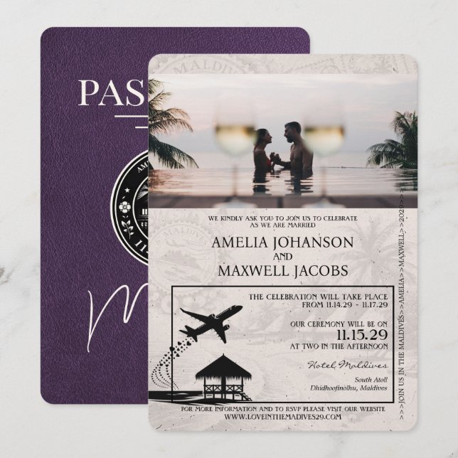 Violet violet Faire-part de mariage de passeport d (Devant / Derrière)