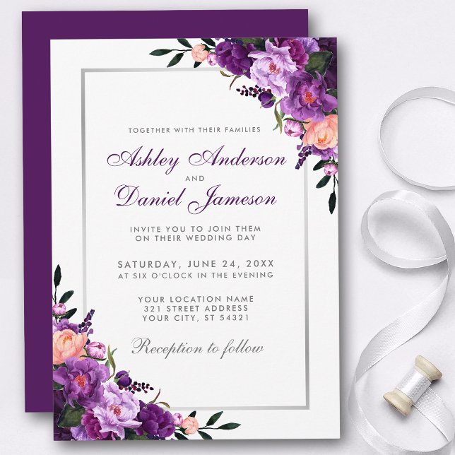 Violet violet Floral Faire-part de mariage d'argen (Customize to change text color, style, add text & photos to back or change color of back of card.)