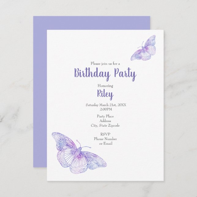 Violet Watercolor Butterflies Invitation (Front/Back)