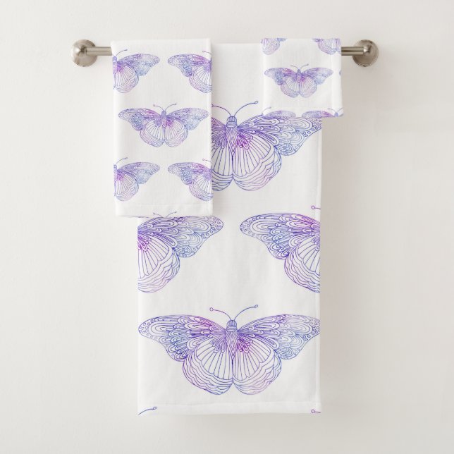 Violet watercolor Butterfly Pattern 2 Bath Towel Set (Insitu)