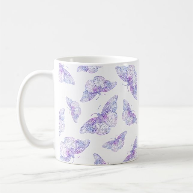 Violet Watercolor Butterfly Pattern Coffee Mug (Left)