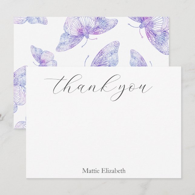 Violet Watercolor Butterfly Pattern  Thank You Card (Front/Back)