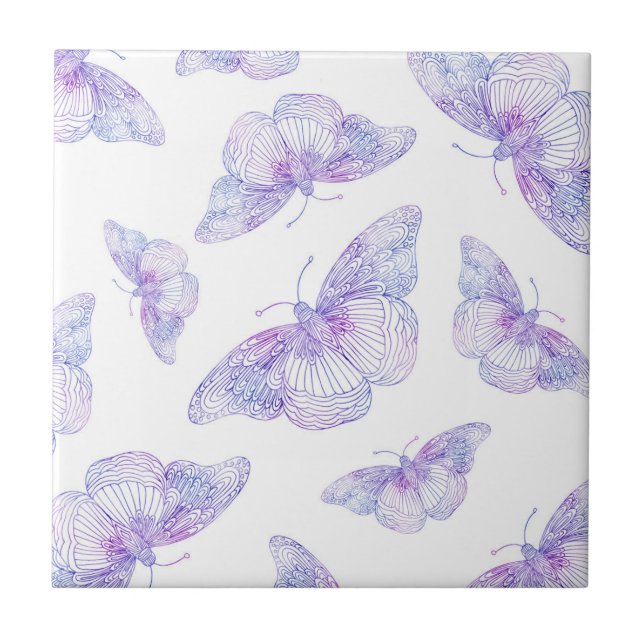 Violet Watercolor Butterfly Pattern Tile (Front)