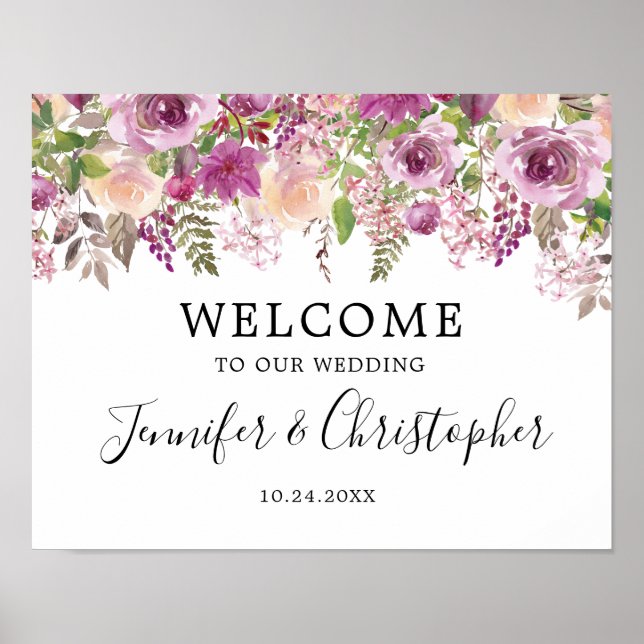 Violet Watercolor Floral Wedding Welcome Poster (Front)