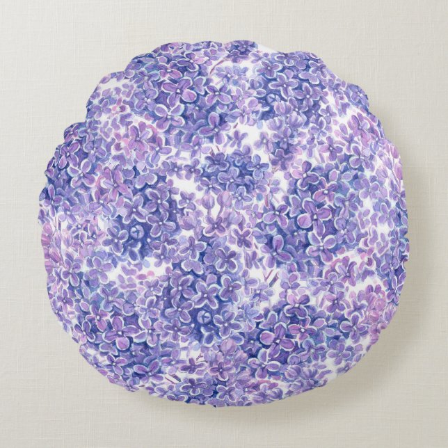 Violet watercolor lilac flowers round pillow (Front)