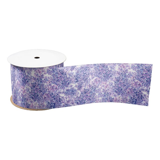 Violet watercolor lilac flowers satin ribbon (Spool)