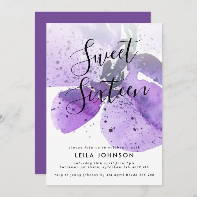 Violet Watercolor Orchid Sweet 16 Invitation (Front/Back)