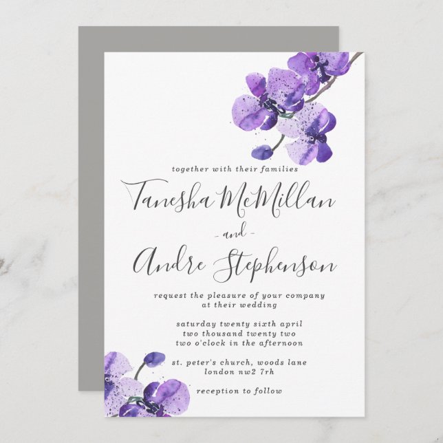Violet Watercolor Orchids Wedding Invitation (Front/Back)