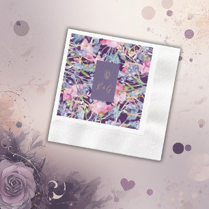 violet watercolor wildflower greenery foliage  napkin