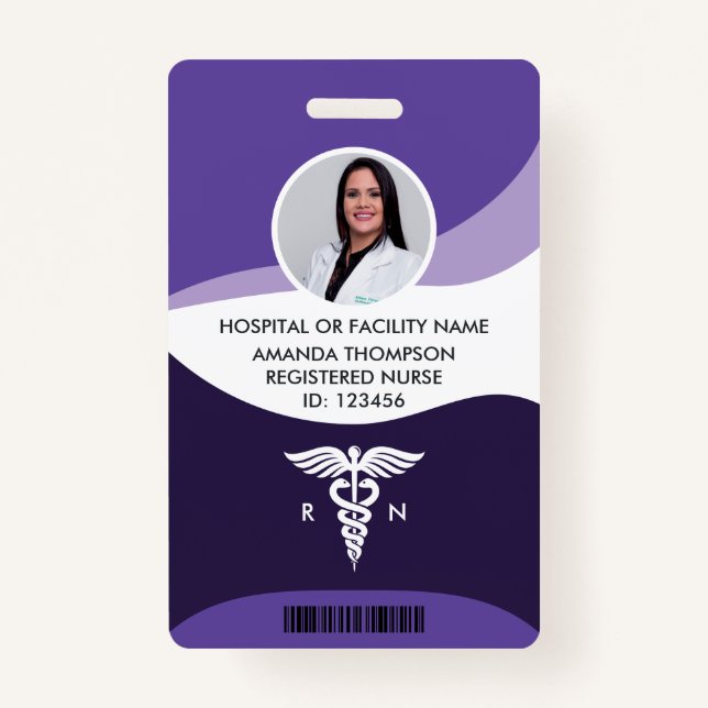 Violet Wave Graphic Registered Nurse Photo ID Badge (Front)