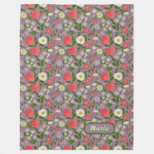 Violet White And Pink Flowers Fleece Blanket