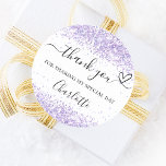 Violet white confetti thank you classic round sticker<br><div class="desc">A stylish white background,  decorated with violet,  lavender coloured confetti.  With the text: Thank you for sharing my special day,  with a small heart.   Personalize and add your name.</div>